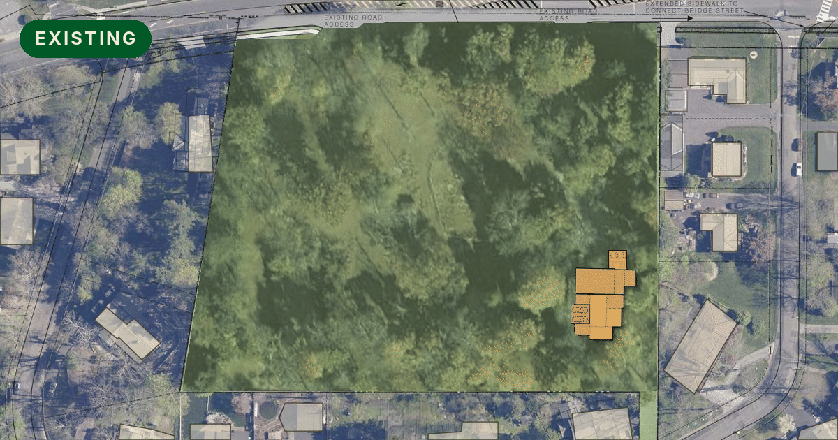 Cintra Woods today, existing wooded site, compared with the proposed plan: a rebuilt Cintra Mansion surrounded by new townhouses